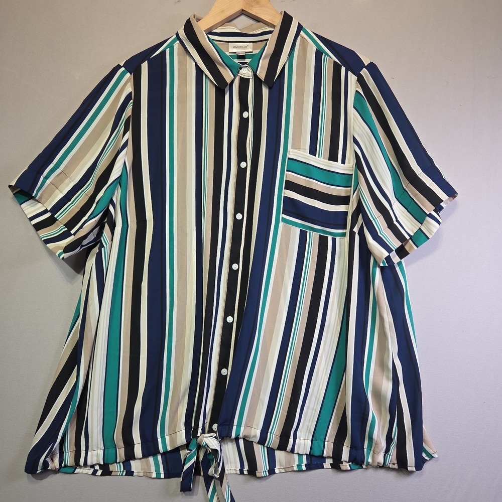 Avenue Women's 18/20 Striped Tie Front Button Shirt Blue Teal Beige Short Sleeve